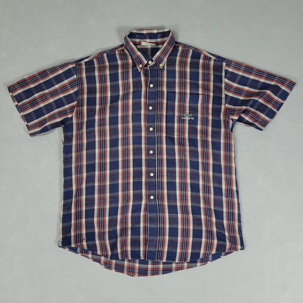 Lacoste Shirt Men's L Blue Plaid Button-Down Short-Sleeve Cotton Chemise France